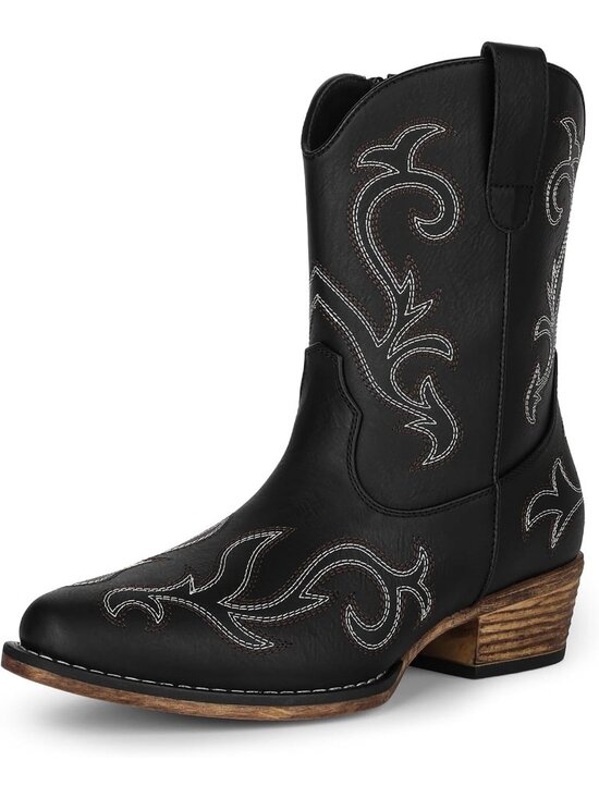 Shoes - Women's Classic Black Square Toe Chunky Embroidered Western Boots with Zippers